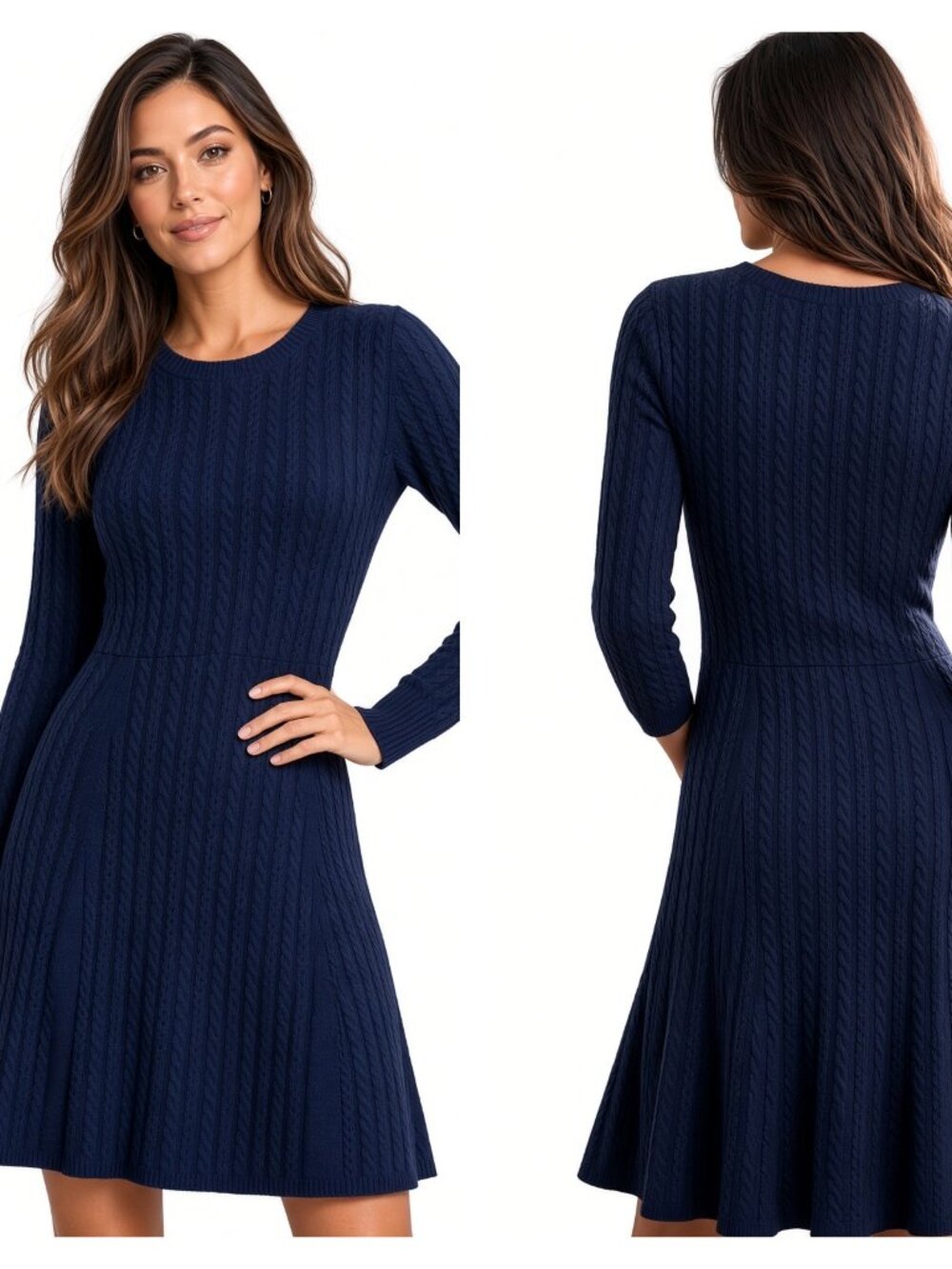 Issa London Y2K Vintage Cable Knit Fit Flare Short Sweater Dress Navy Blue NEW